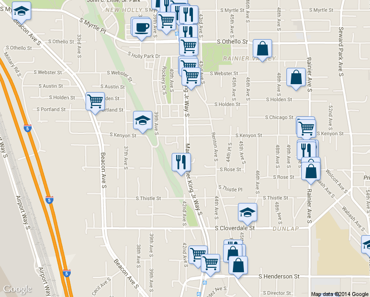 map of restaurants, bars, coffee shops, grocery stores, and more near 7939 Martin Luther King Junior Way South in Seattle