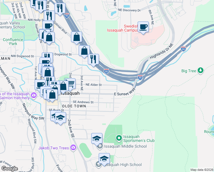 map of restaurants, bars, coffee shops, grocery stores, and more near 505 Northeast Alder Street in Issaquah
