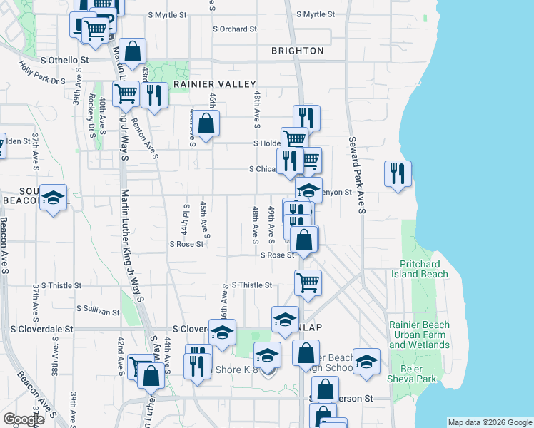 map of restaurants, bars, coffee shops, grocery stores, and more near 7934 48th Avenue South in Seattle