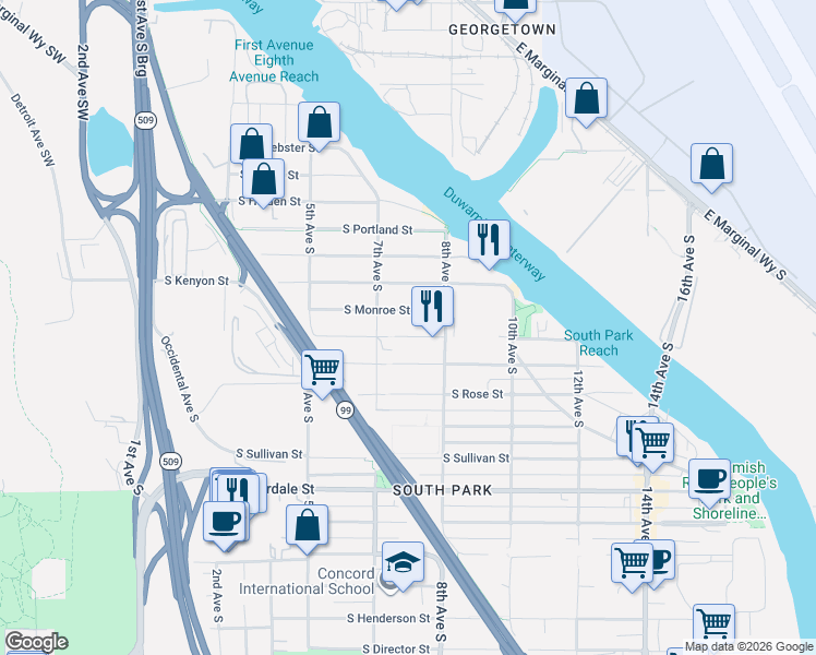 map of restaurants, bars, coffee shops, grocery stores, and more near 8100 7th Avenue South in Seattle