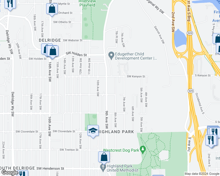 map of restaurants, bars, coffee shops, grocery stores, and more near 7945 8th Avenue Southwest in Seattle