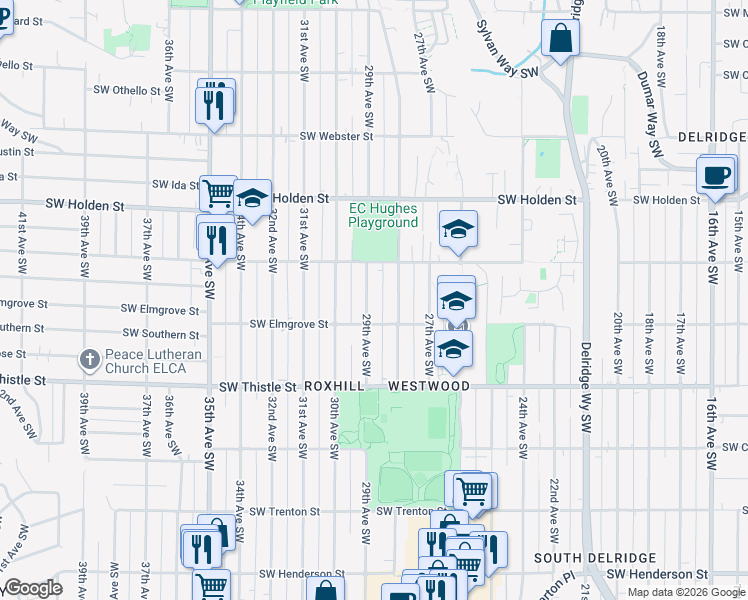map of restaurants, bars, coffee shops, grocery stores, and more near 7949 29th Avenue Southwest in Seattle