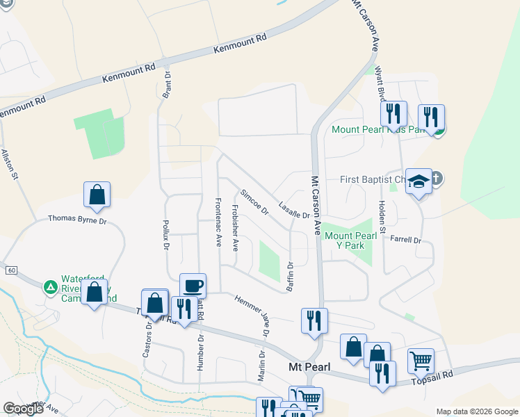 map of restaurants, bars, coffee shops, grocery stores, and more near Simcoe Drive in Mount Pearl