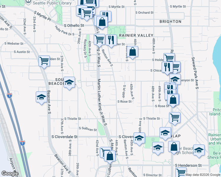 map of restaurants, bars, coffee shops, grocery stores, and more near 7939 Renton Avenue South in Seattle
