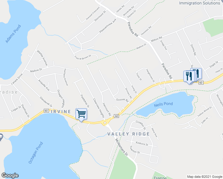 map of restaurants, bars, coffee shops, grocery stores, and more near 28 Gosses Road in Paradise
