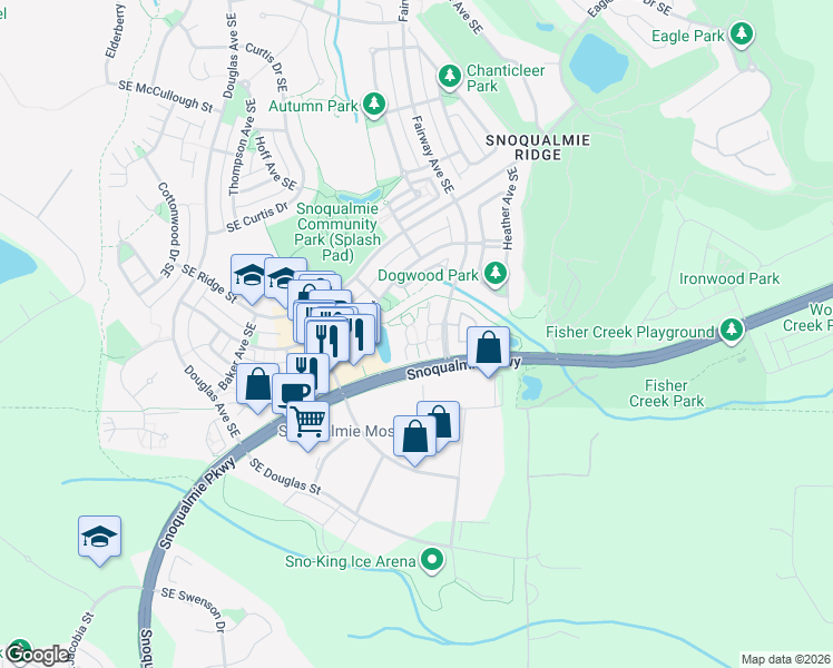 map of restaurants, bars, coffee shops, grocery stores, and more near 7721 Fairway Avenue Southeast in Snoqualmie
