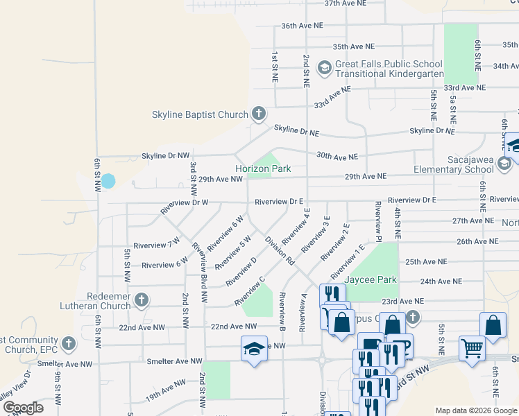 map of restaurants, bars, coffee shops, grocery stores, and more near 109-113 Riverview 5 East in Great Falls