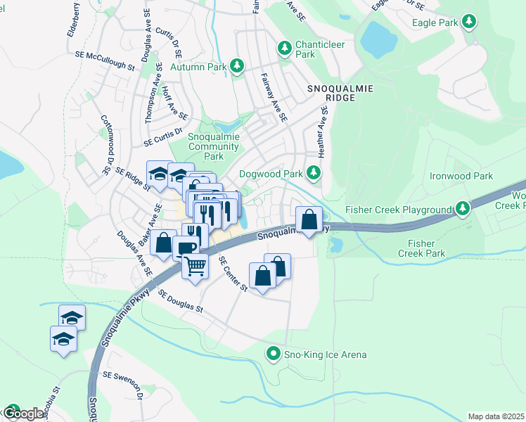 map of restaurants, bars, coffee shops, grocery stores, and more near 7711 Fairway Avenue Southeast in Snoqualmie