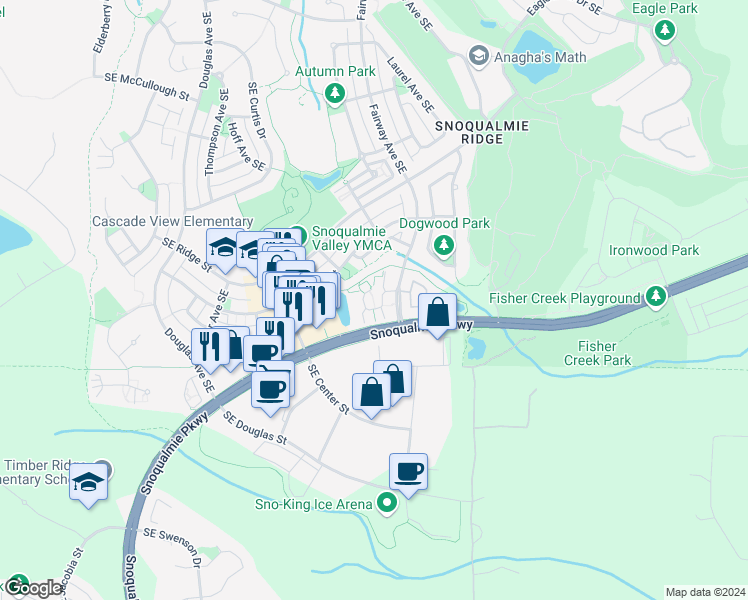 map of restaurants, bars, coffee shops, grocery stores, and more near 7711 Fairway Avenue Southeast in Snoqualmie