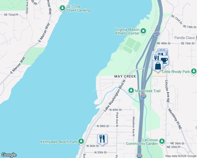 map of restaurants, bars, coffee shops, grocery stores, and more near 4217 Williams Avenue North in Renton