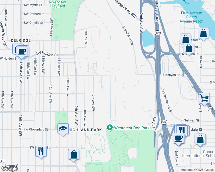 map of restaurants, bars, coffee shops, grocery stores, and more near 7944 5th Avenue Southwest in Seattle