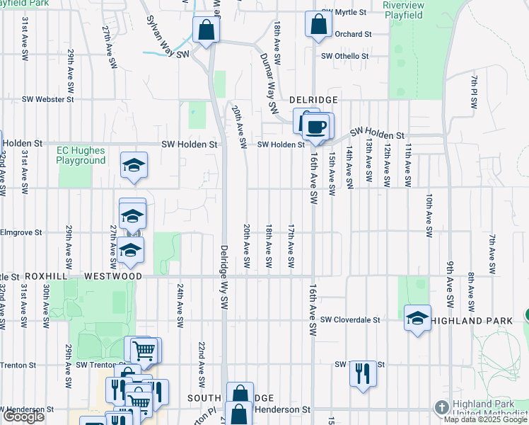 map of restaurants, bars, coffee shops, grocery stores, and more near 7931 18th Avenue Southwest in Seattle