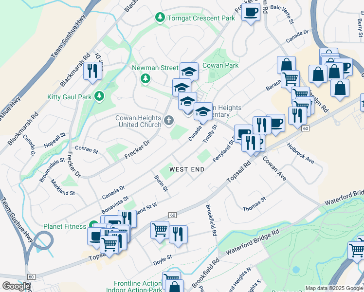 map of restaurants, bars, coffee shops, grocery stores, and more near Canada Drive in Saint John's