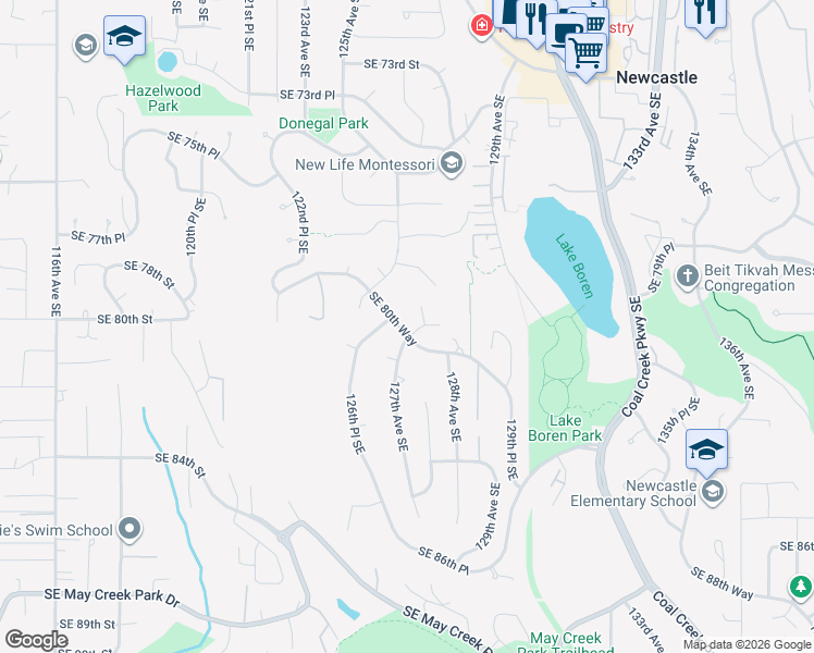 map of restaurants, bars, coffee shops, grocery stores, and more near 12650 Southeast 80th Way in Newcastle