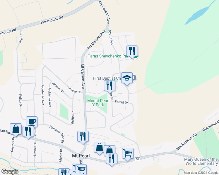 map of restaurants, bars, coffee shops, grocery stores, and more near 41 Holden Street in Mount Pearl