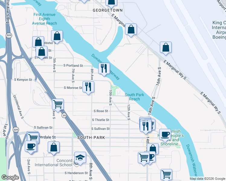 map of restaurants, bars, coffee shops, grocery stores, and more near 7900 10th Avenue South in Seattle