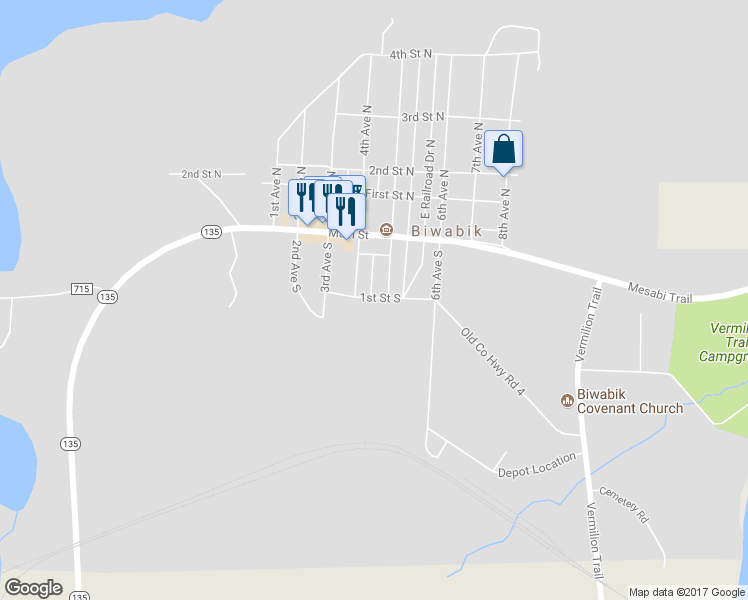 map of restaurants, bars, coffee shops, grocery stores, and more near 402 1st Street South in Biwabik