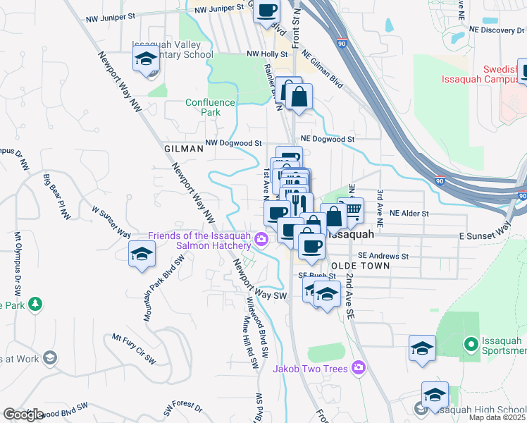 map of restaurants, bars, coffee shops, grocery stores, and more near 120 West Sunset Way in Issaquah