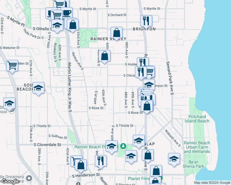 map of restaurants, bars, coffee shops, grocery stores, and more near 7918 46th Avenue South in Seattle