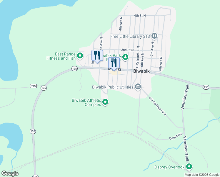 map of restaurants, bars, coffee shops, grocery stores, and more near 402 1st Street South in Biwabik