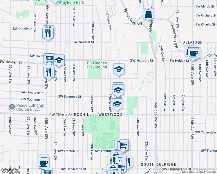 map of restaurants, bars, coffee shops, grocery stores, and more near 7927 27th Avenue Southwest in Seattle