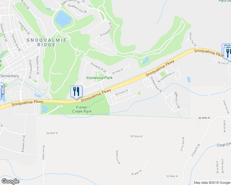map of restaurants, bars, coffee shops, grocery stores, and more near 36326 Southeast Forest Street in Snoqualmie