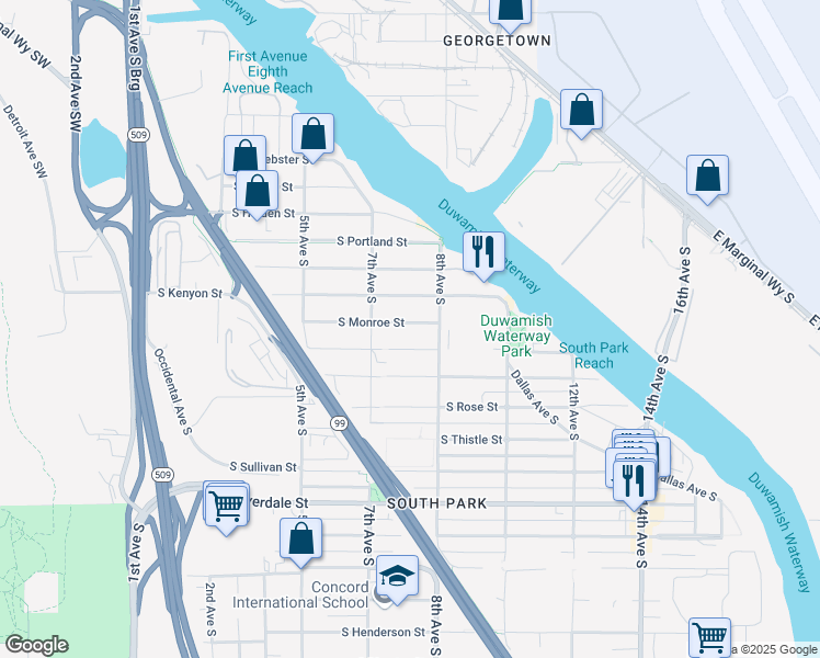 map of restaurants, bars, coffee shops, grocery stores, and more near 749 South Elmgrove Street in Seattle