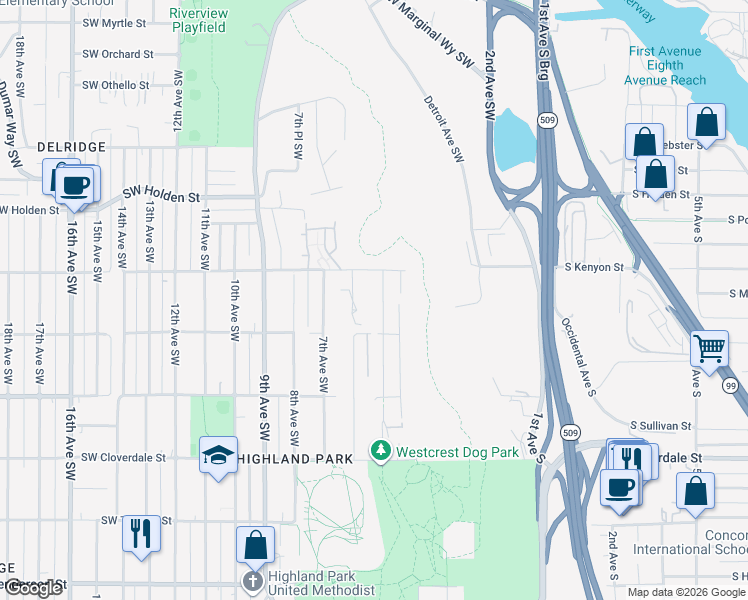map of restaurants, bars, coffee shops, grocery stores, and more near 7944 5th Avenue Southwest in Seattle