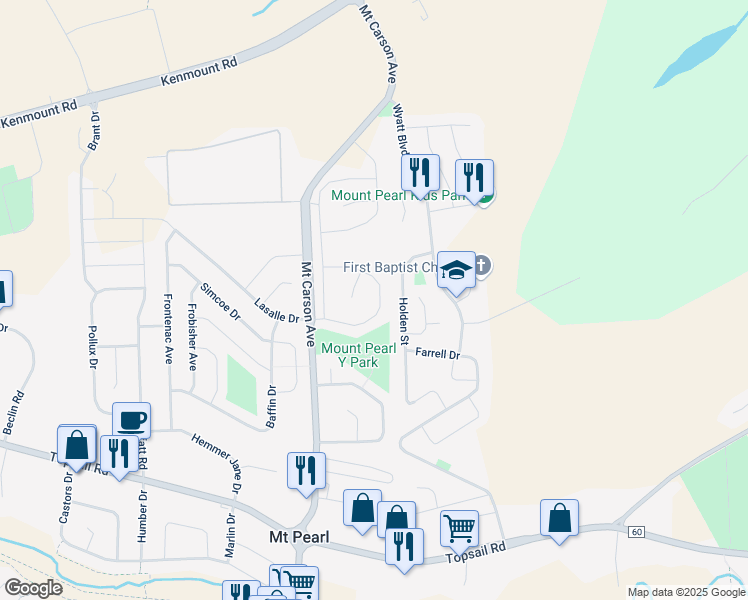 map of restaurants, bars, coffee shops, grocery stores, and more near 23 Brodie Street in Mount Pearl