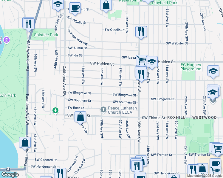 map of restaurants, bars, coffee shops, grocery stores, and more near 3723 Southwest Elmgrove Street in Seattle
