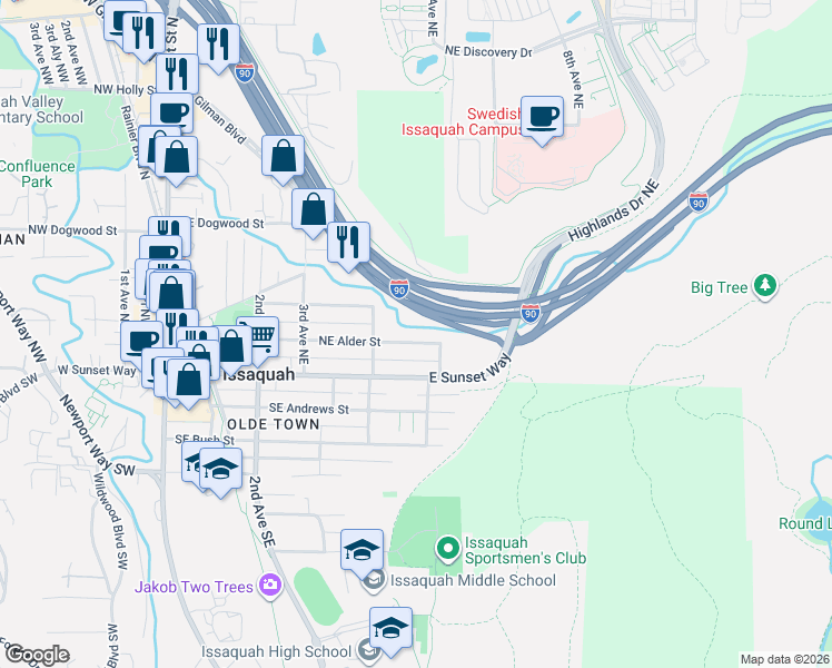 map of restaurants, bars, coffee shops, grocery stores, and more near 560 Northeast Alder Street in Issaquah