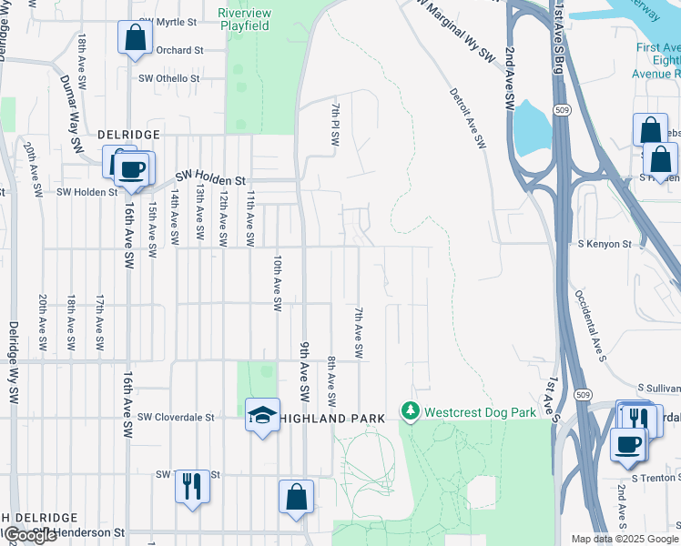 map of restaurants, bars, coffee shops, grocery stores, and more near 7951 7th Avenue Southwest in Seattle