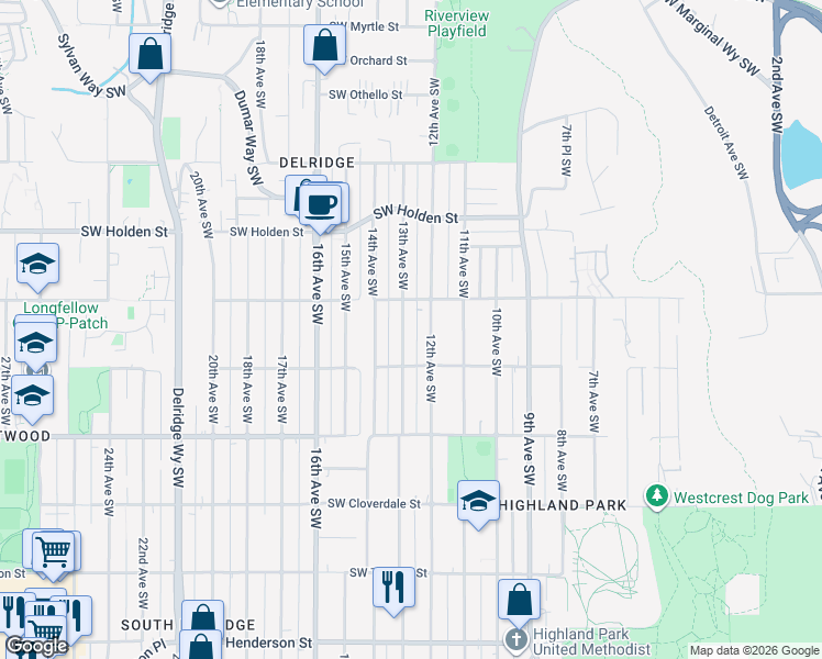 map of restaurants, bars, coffee shops, grocery stores, and more near 7947 13th Avenue Southwest in Seattle
