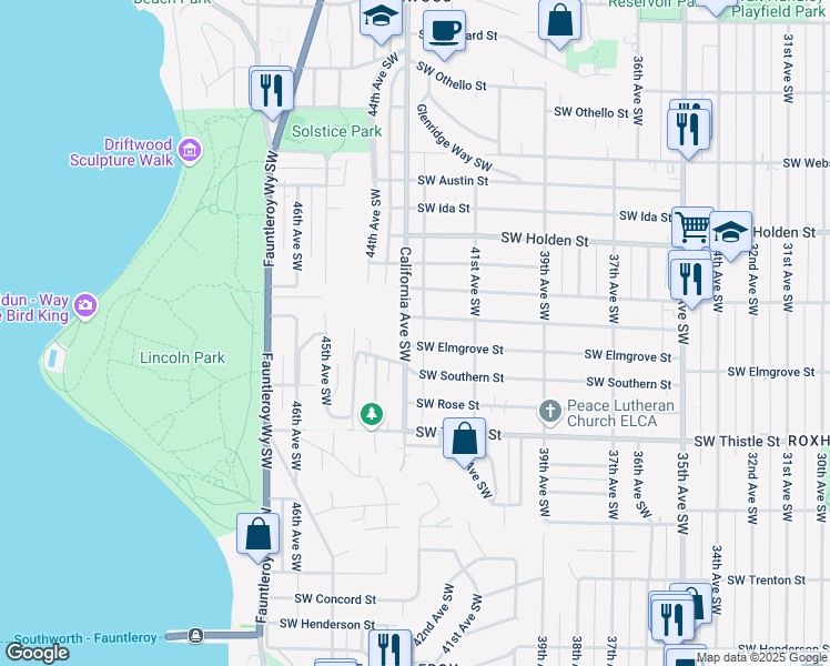 map of restaurants, bars, coffee shops, grocery stores, and more near 4141 Southwest Elmgrove Street in Seattle
