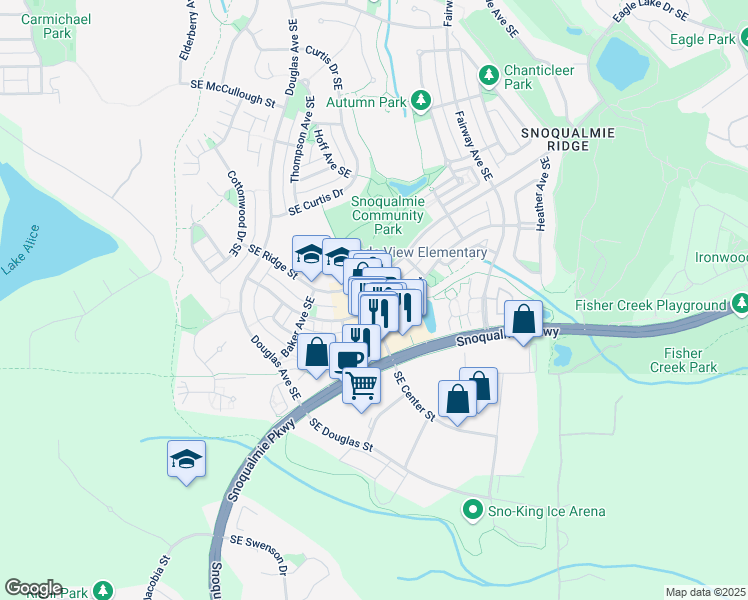 map of restaurants, bars, coffee shops, grocery stores, and more near 7718 Center Boulevard Southeast in Snoqualmie