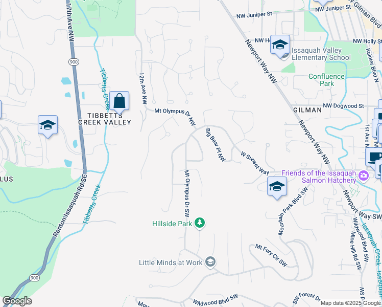 map of restaurants, bars, coffee shops, grocery stores, and more near 15 Mount Olympus Drive Southwest in Issaquah