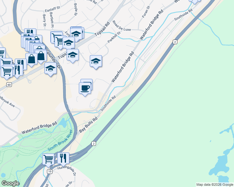 map of restaurants, bars, coffee shops, grocery stores, and more near in St. John's