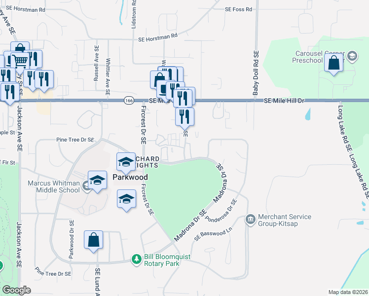 map of restaurants, bars, coffee shops, grocery stores, and more near 1912 Southeast Larch Lane in Port Orchard