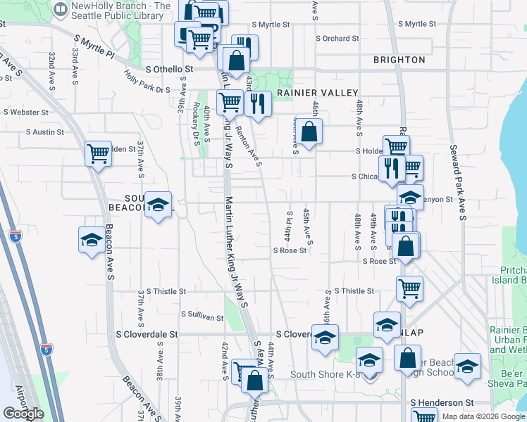 map of restaurants, bars, coffee shops, grocery stores, and more near 7939 Renton Avenue South in Seattle