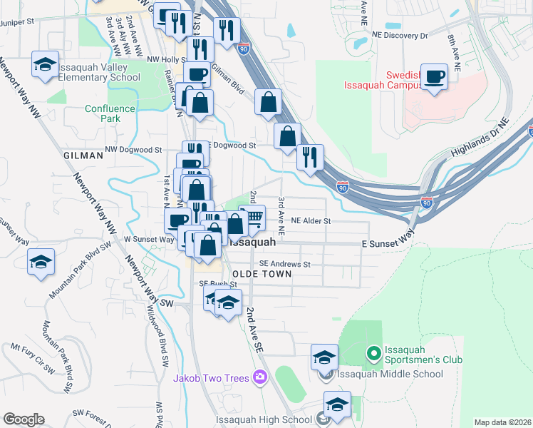 map of restaurants, bars, coffee shops, grocery stores, and more near in Issaquah