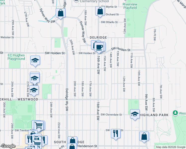 map of restaurants, bars, coffee shops, grocery stores, and more near 7947 17th Avenue Southwest in Seattle