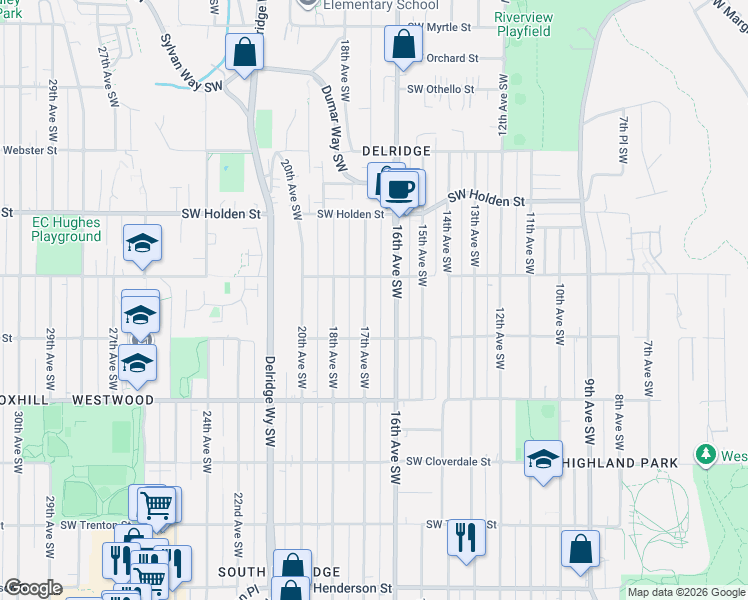 map of restaurants, bars, coffee shops, grocery stores, and more near 7947 17th Avenue Southwest in Seattle