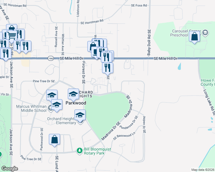 map of restaurants, bars, coffee shops, grocery stores, and more near 1912 Southeast Larch Lane in Port Orchard
