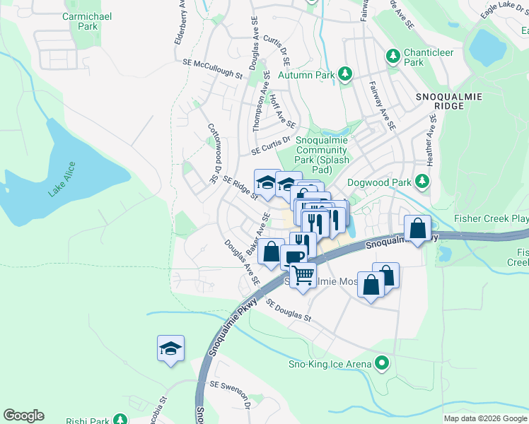 map of restaurants, bars, coffee shops, grocery stores, and more near 7815 Baker Avenue Southeast in Snoqualmie