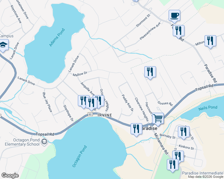map of restaurants, bars, coffee shops, grocery stores, and more near 21 Hartland Avenue in Paradise