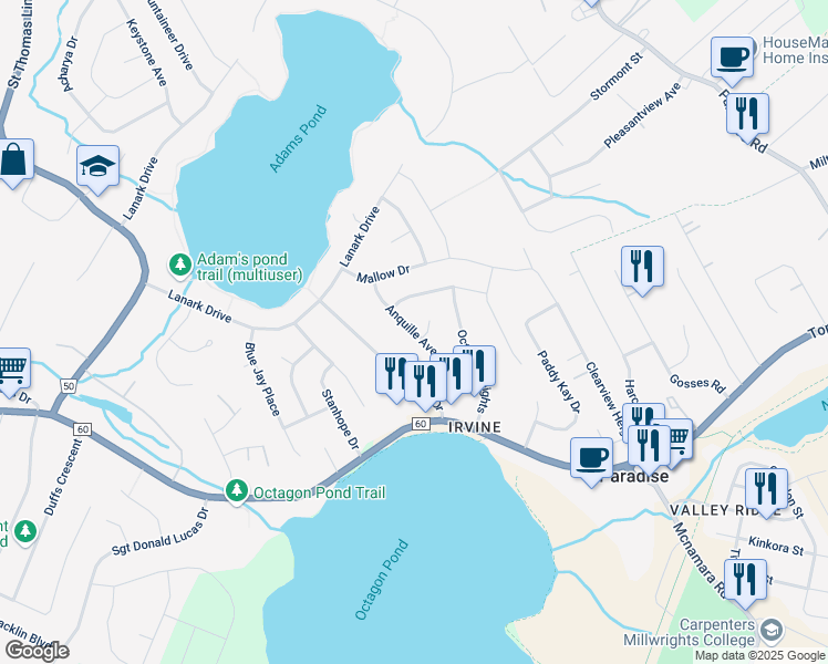 map of restaurants, bars, coffee shops, grocery stores, and more near Anquille Avenue in Paradise
