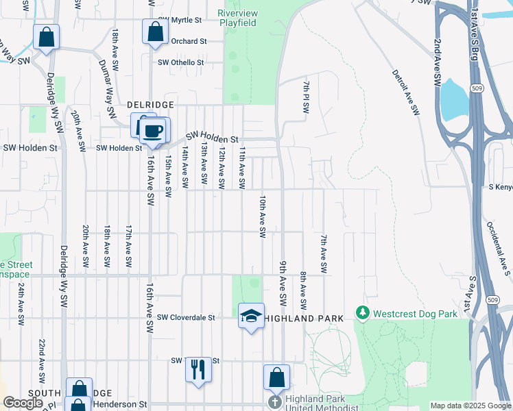 map of restaurants, bars, coffee shops, grocery stores, and more near 1016 Southwest Kenyon Street in Seattle
