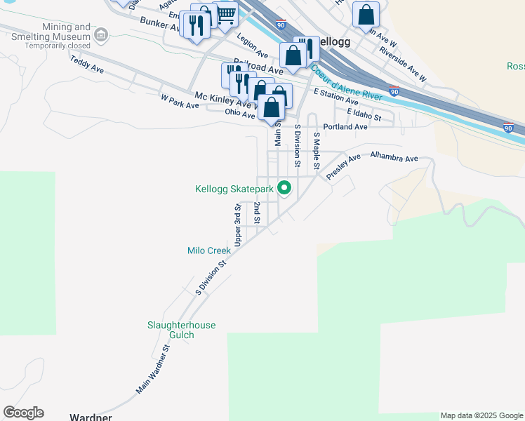 map of restaurants, bars, coffee shops, grocery stores, and more near 607 2nd Street in Kellogg