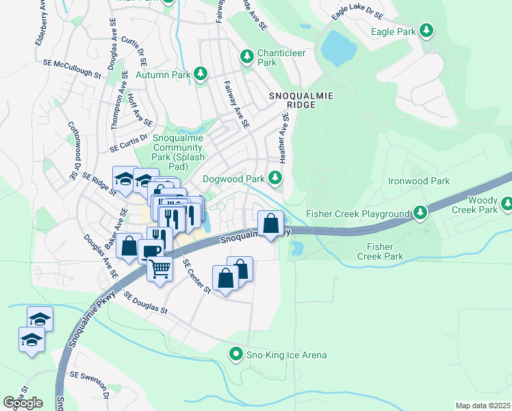 map of restaurants, bars, coffee shops, grocery stores, and more near 7615 Dogwood Lane Southeast in Snoqualmie
