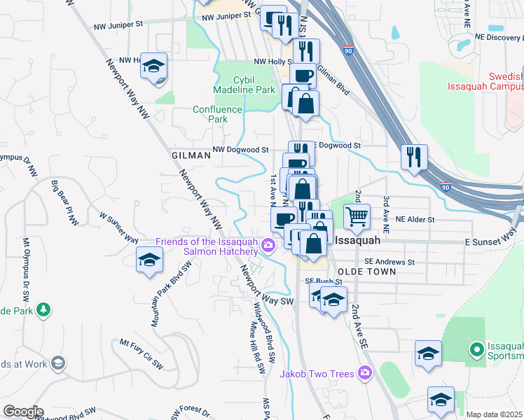map of restaurants, bars, coffee shops, grocery stores, and more near 165 1st Avenue Northwest in Issaquah